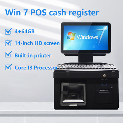 14-дюймовый POS-терминал с двумя сенсорными экранами, Win 7, процессор i3, 4+64 ГБ, настольный POS-терминал с принтером, клавиатурой, сканером